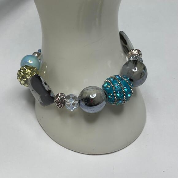 bracelet chunky beaded silver tone with turquoise blue toggle clasp artisan poss - Picture 1 of 16